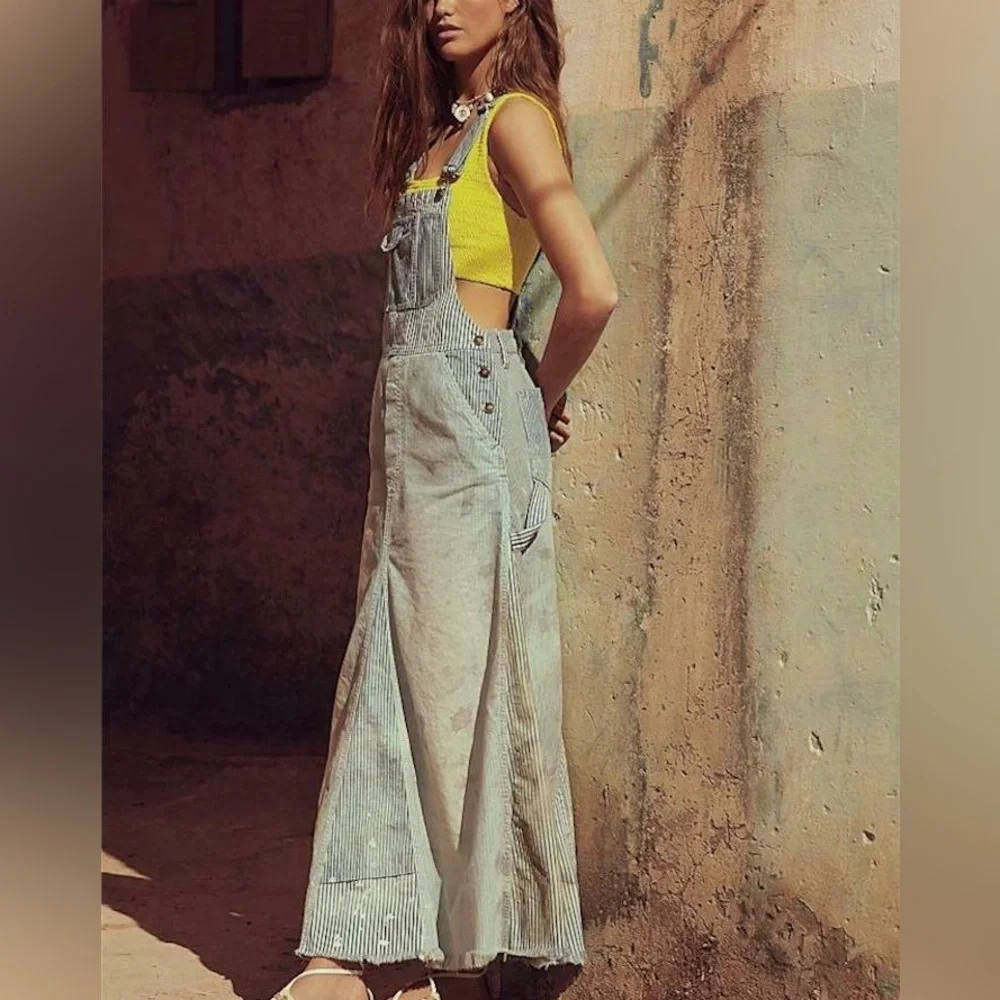 Free People Heritage Skirtall Blue Distressed Stripe Maxi Denim Dress - Picture 1 of 6